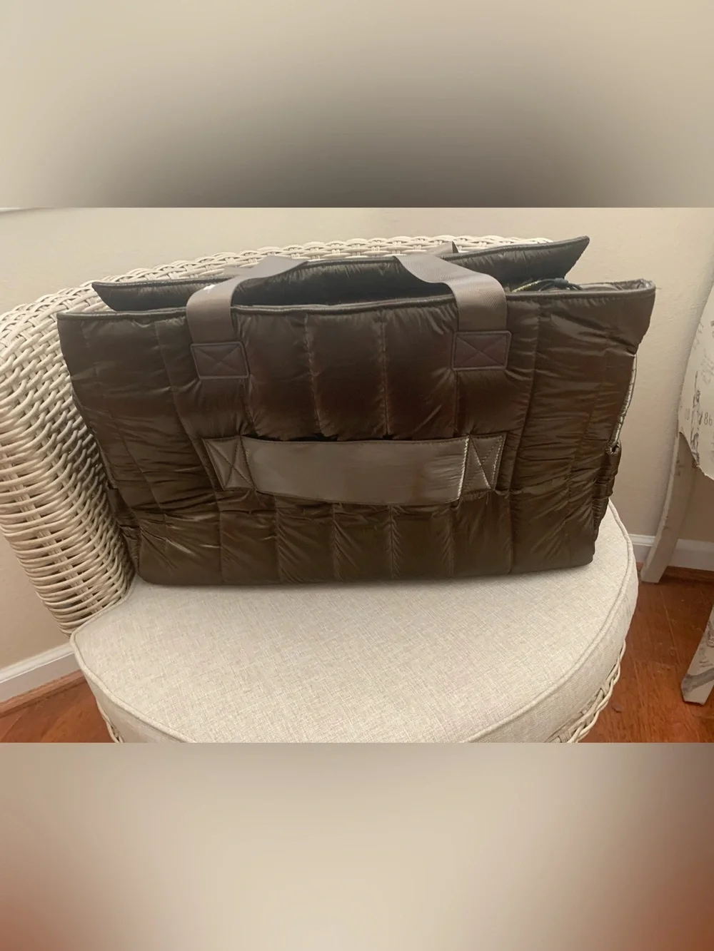 NWT Joan & David Weekender Tote: Quilted Metallic Brown, 2 Compartments, Logo